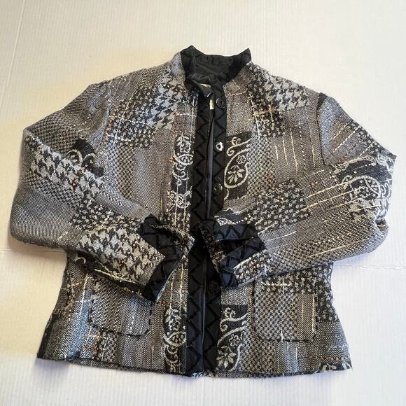 Coldwater Creek Womens Tweed Jacket Black Plaid Patch Size PS - Picture 1 of 13